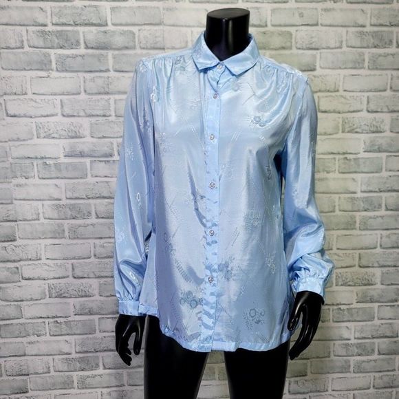 Vintage 70s Marianne Fashion Blue Silky Polyester‎ Button Front L/S Blouse - Picture 1 of 7